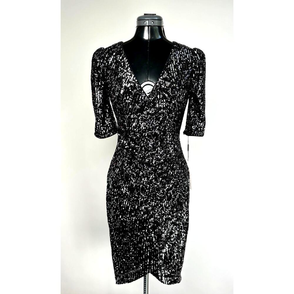 Calvin Klein Black Silver Sequin Faux Wrap Dress Side Ruched Size 2 NWT
